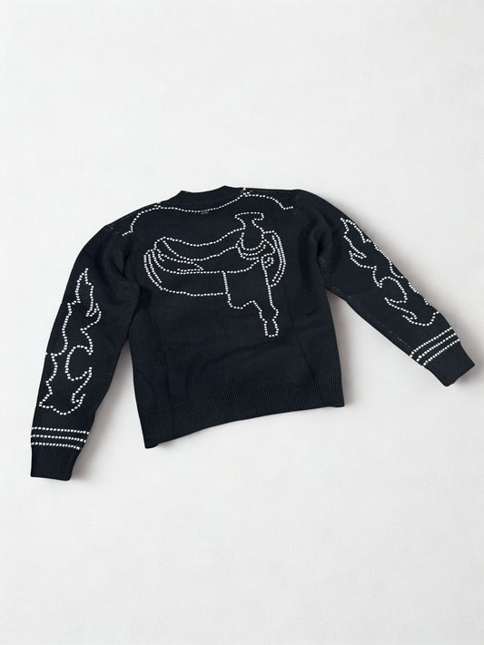 Black Boot-stitch Saddle Knit Concho Button Down Sweater Cardigan