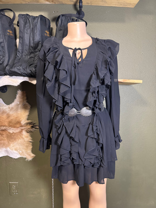 Black Flowy Layered Ruffle Chiffon Lined Dress