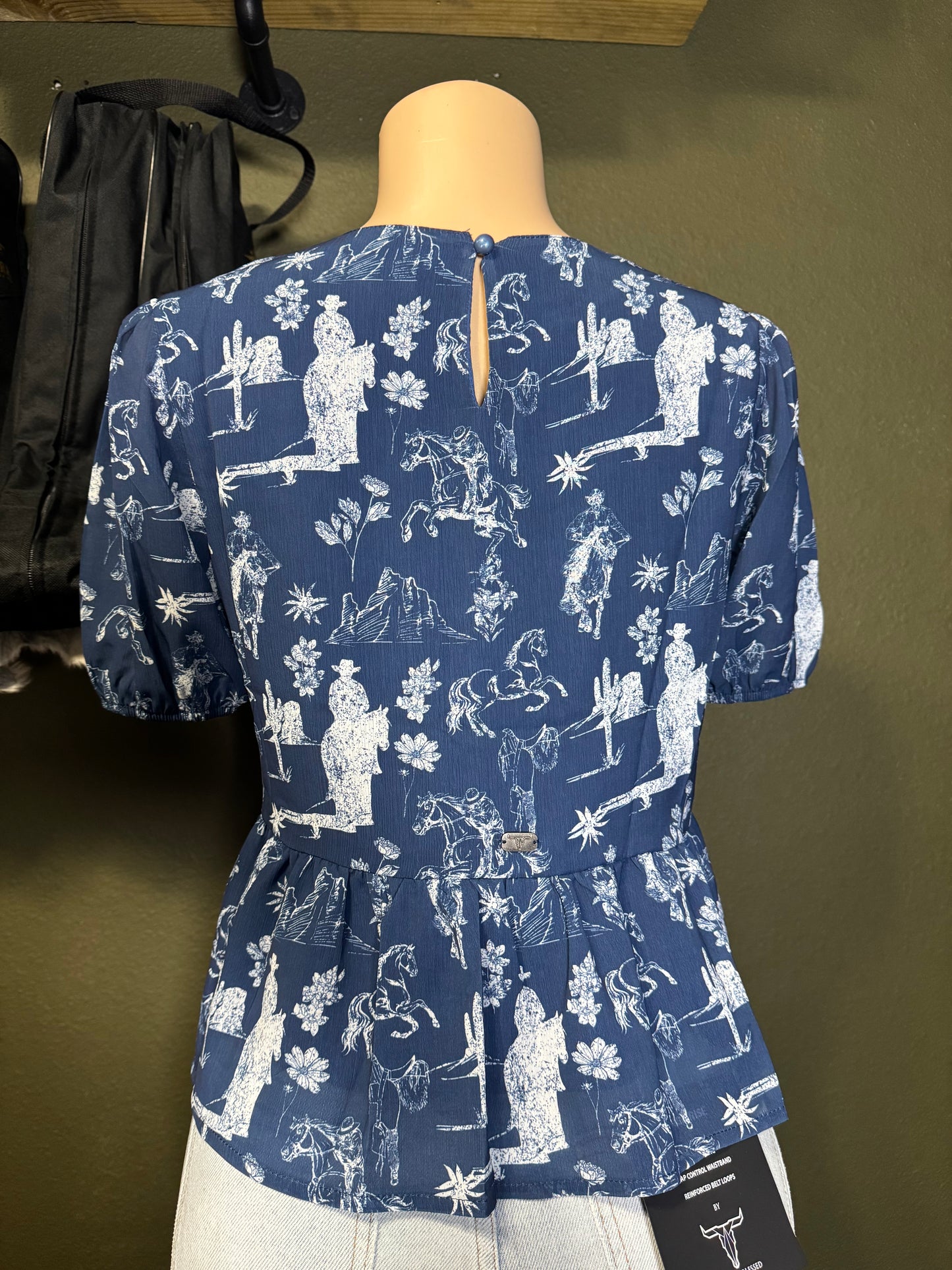 Western Blue Printed Embroidered Front Tie Puff Sleeve Top