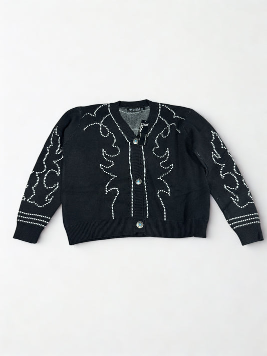 Black Boot-stitch Saddle Knit Concho Button Down Sweater Cardigan