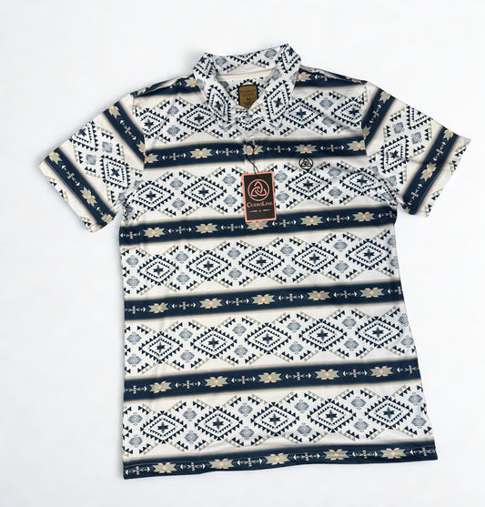 Men's White & Dark Blue Aztec Polo