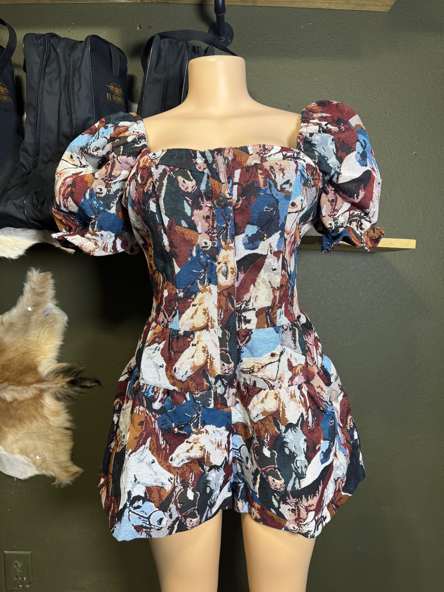 Maroon Horse Jacquard Woven Puff Ruffle Button Down Romper