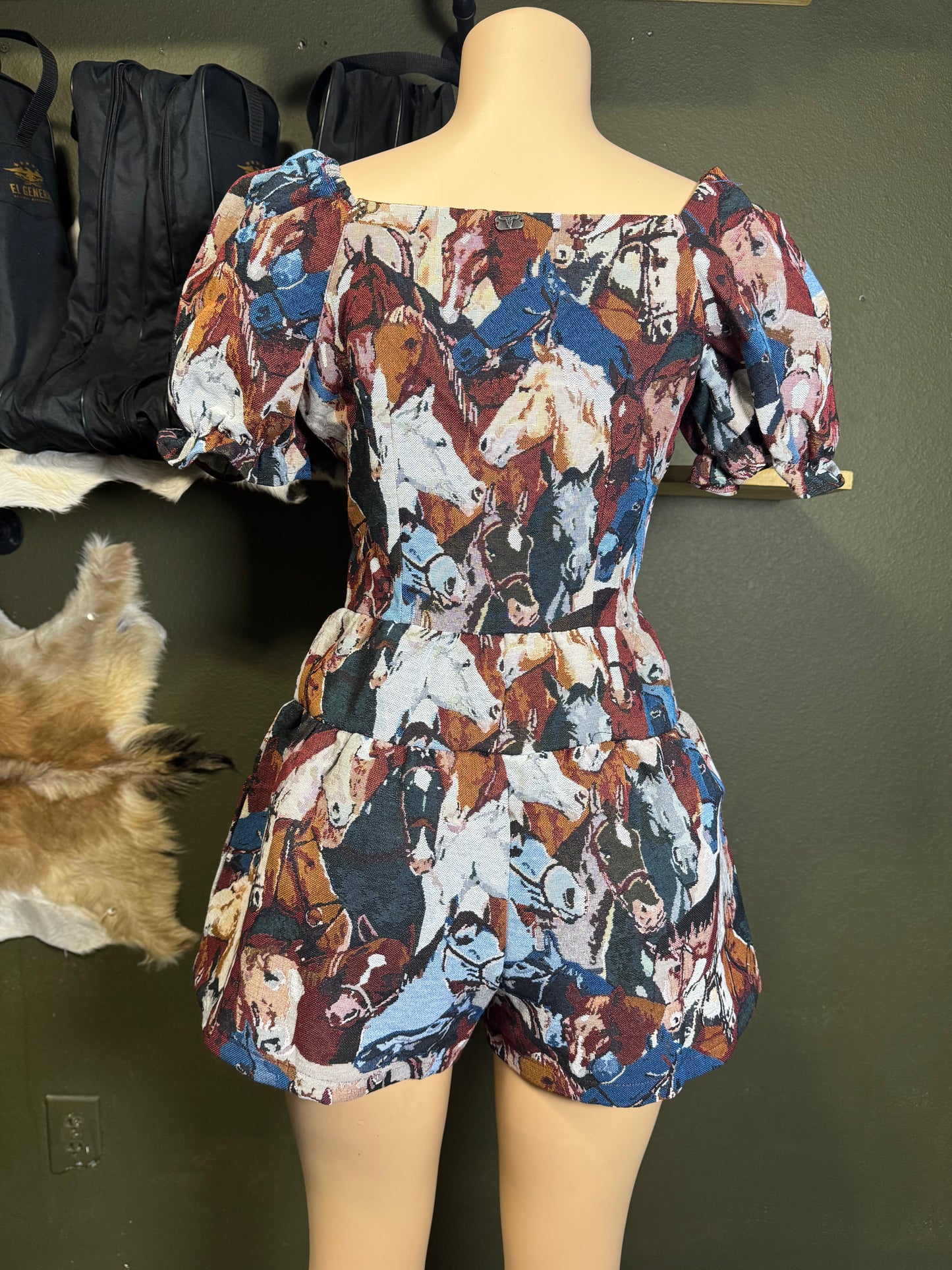 Maroon Horse Jacquard Woven Puff Ruffle Button Down Romper