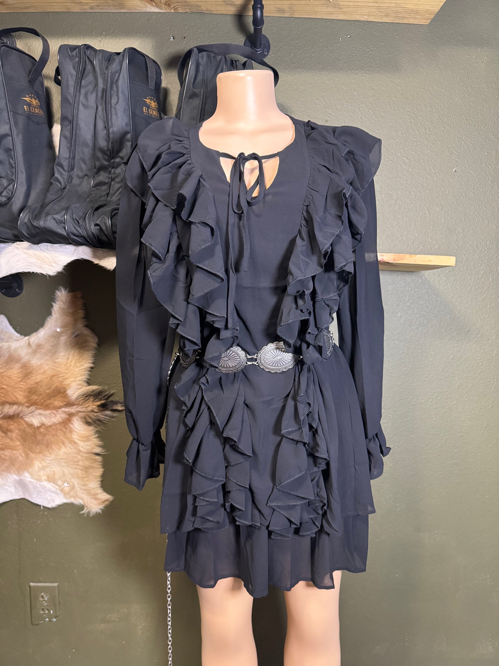 Black Flowy Layered Ruffle Chiffon Lined Dress – Lukas Western Wear