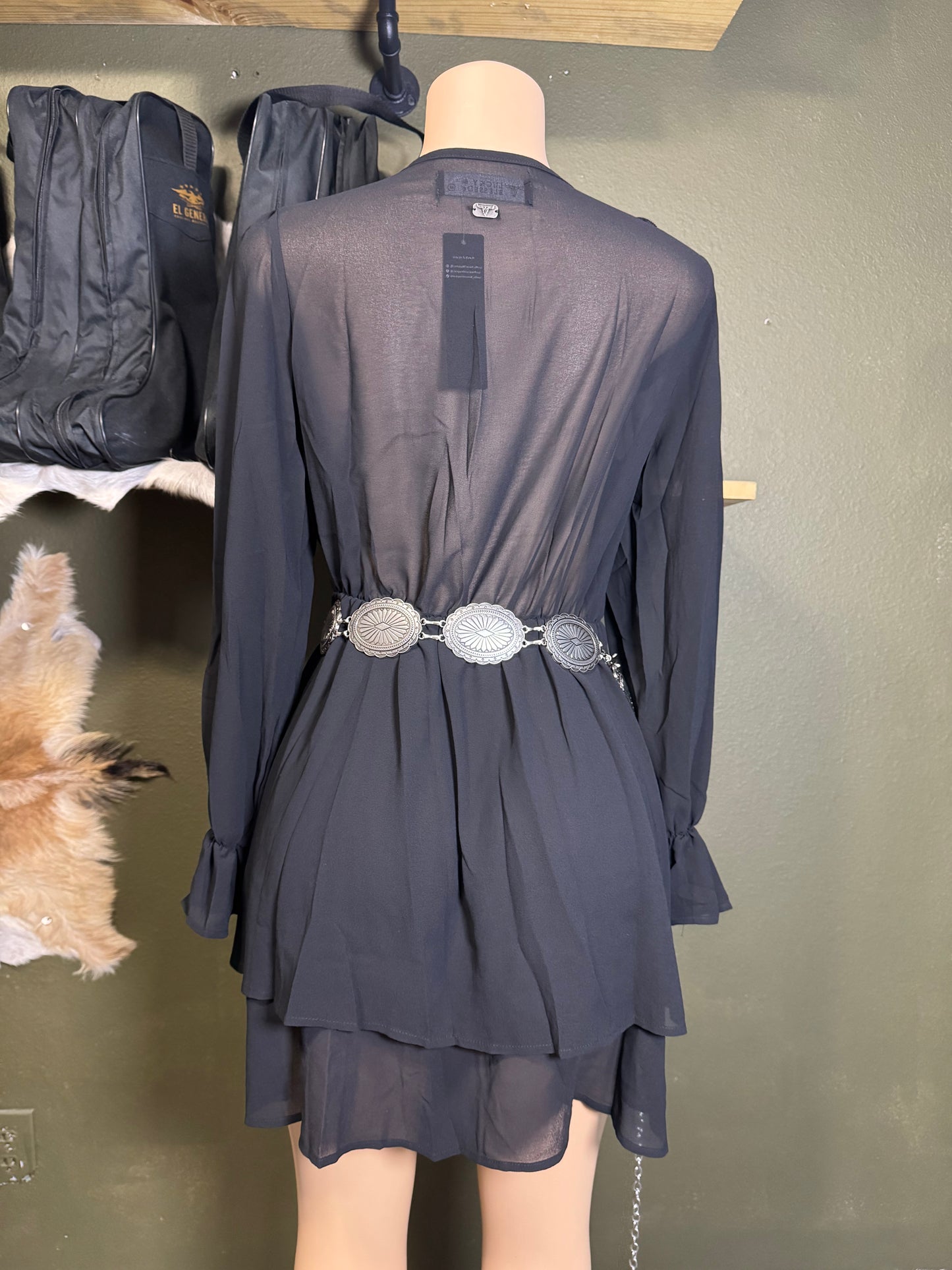 Black Flowy Layered Ruffle Chiffon Lined Dress
