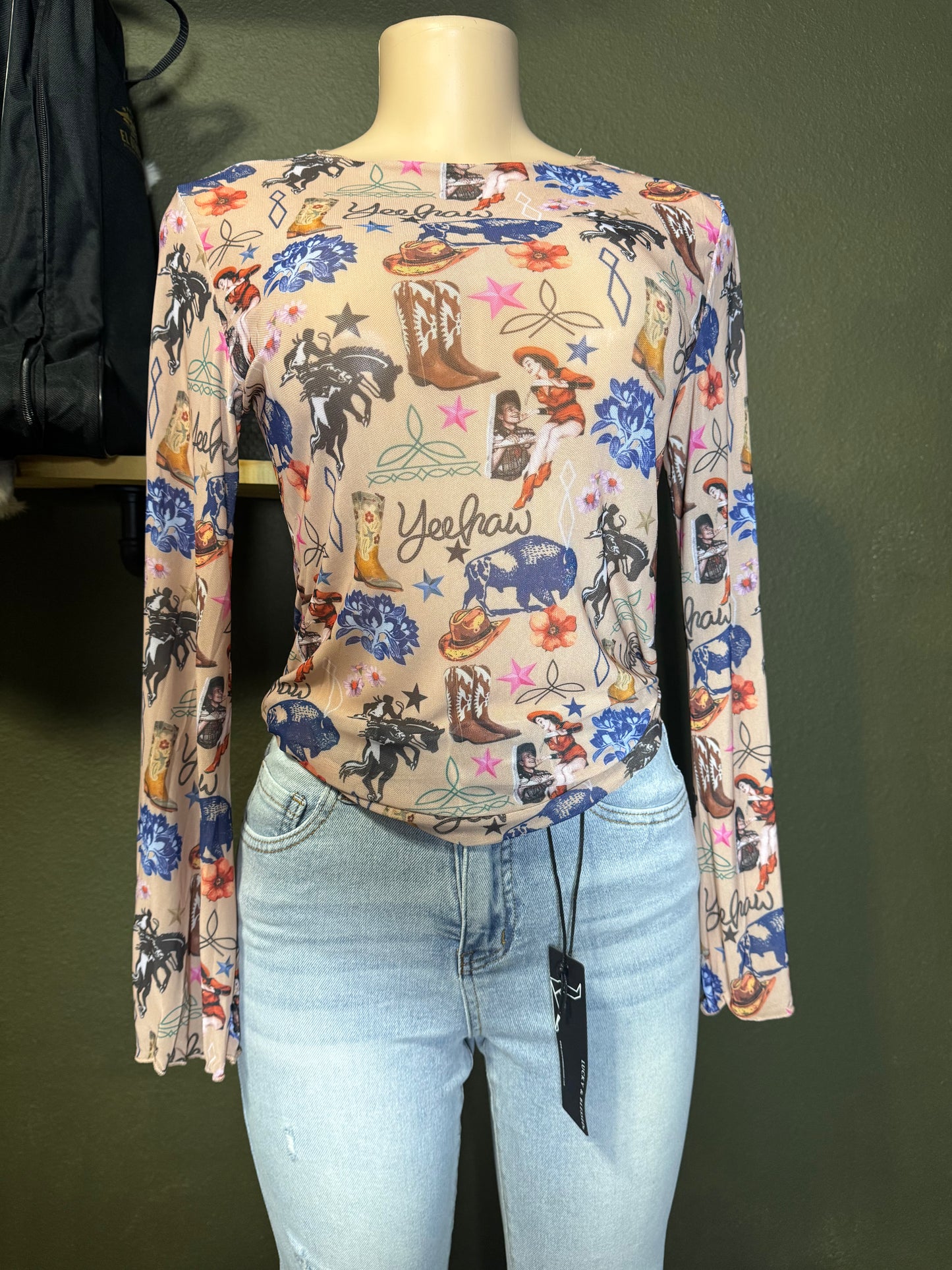 Yeehaw Rodeo Long Sleeve Mesh Top