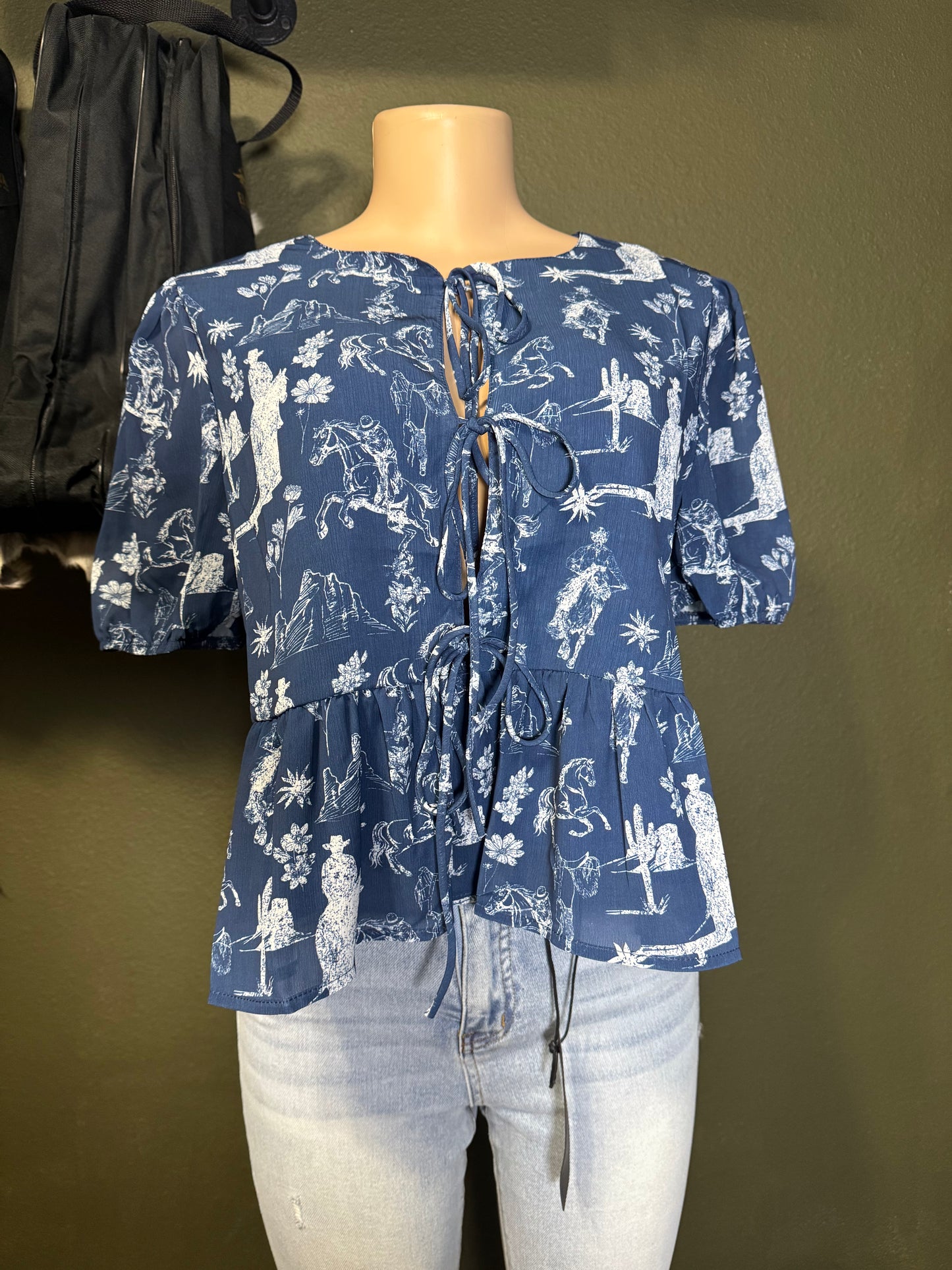 Western Blue Printed Embroidered Front Tie Puff Sleeve Top