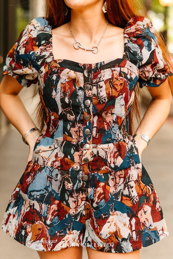 Maroon Horse Jacquard Woven Puff Ruffle Button Down Romper